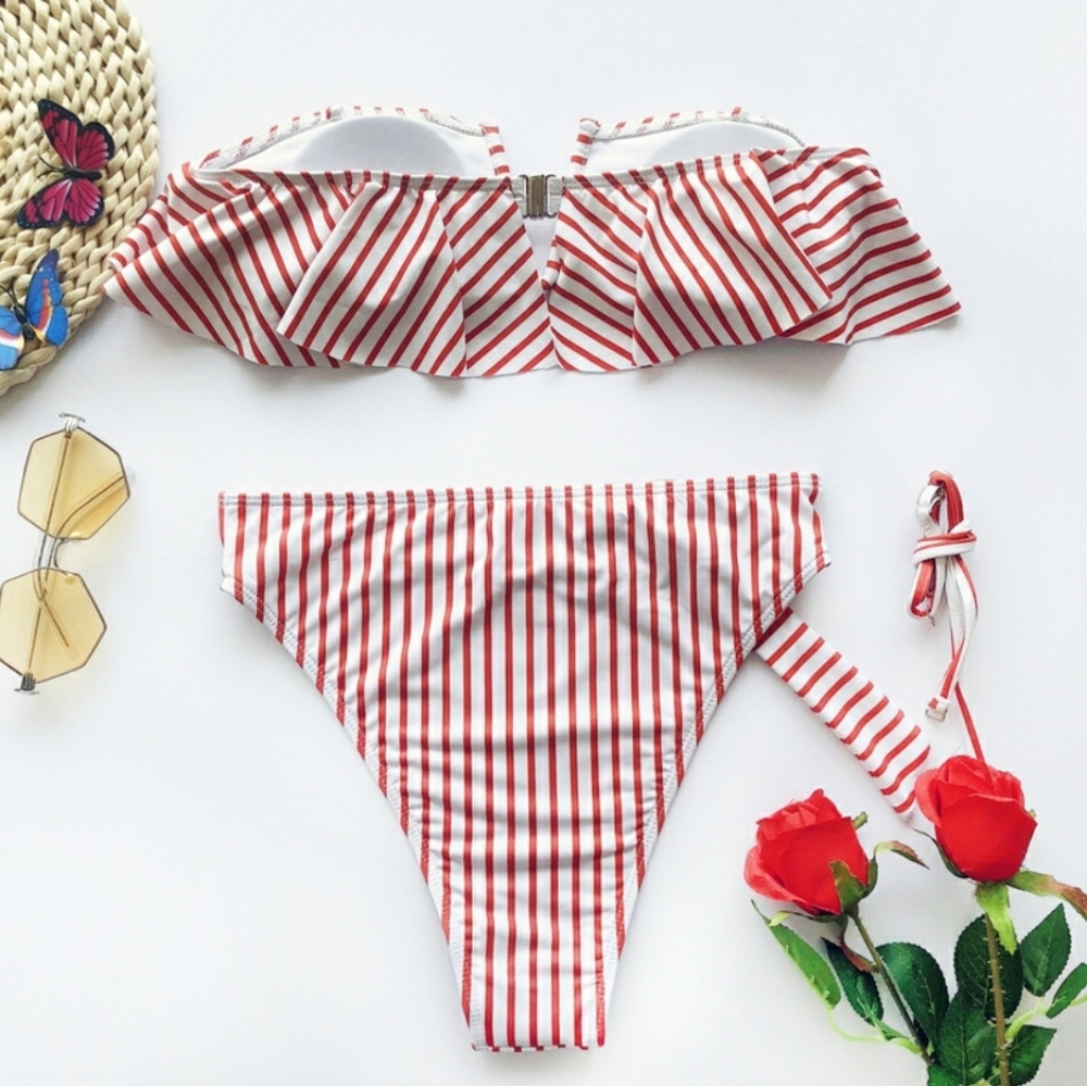 HIGH WAISTED STRIPED RUFFLE BANDEAU BIKINI Set - Picture 5 of 7